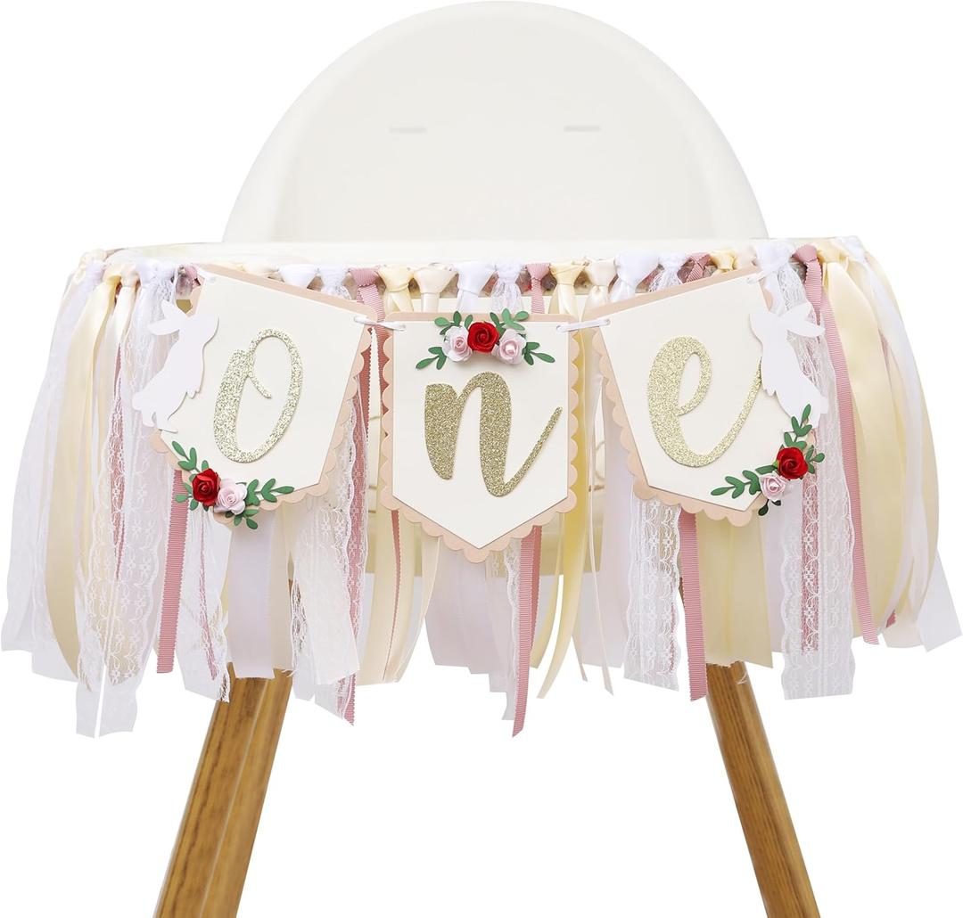 Bunny One High Chair Banner - Some Bunny Is One High Chair Banner, Rabbit Wreath Party Decoration, Easter Bunny 1st Birthday Highchair Banner, Rabbit Themed 1st Birthday Decoration