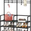 Laiensia 5-Tier Entryway Coat Rack, Coat and Shoe Rack, Entryway Bench Storage Organizer with 8 Hooks for Bedroom, Hallway, Office, Black