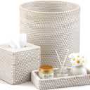 3 Pcs Rattan Bathroom Accessories Set Wicker Handwoven Trash Can Basket Waste Paper Basket Square Tissue Box Holder Toilet Vanity Tray for Kitchen Office Organizer Decorative(White)