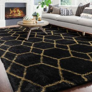 ONASAR 6x9 Area Rugs for Living Room Bedroom, Washable Large Fluffy Black and Gold Throw Rug, Geometric Soft Plush Shaggy Fuzzy Floor Carpet for Nursery Kids Girls Boys Teen Dorm Home Office Decor