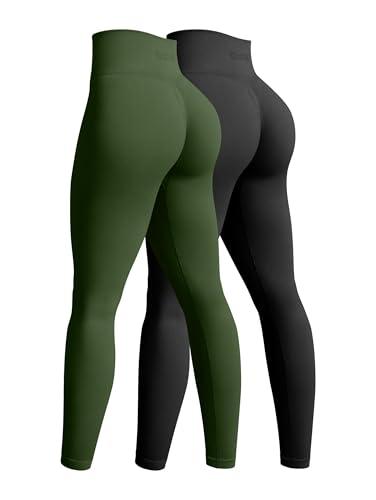 OQQ Women's 2 Piece Yoga Legging Seamless Workout High Waist Butt Liftings Athletic Leggings Black ArmyGreen