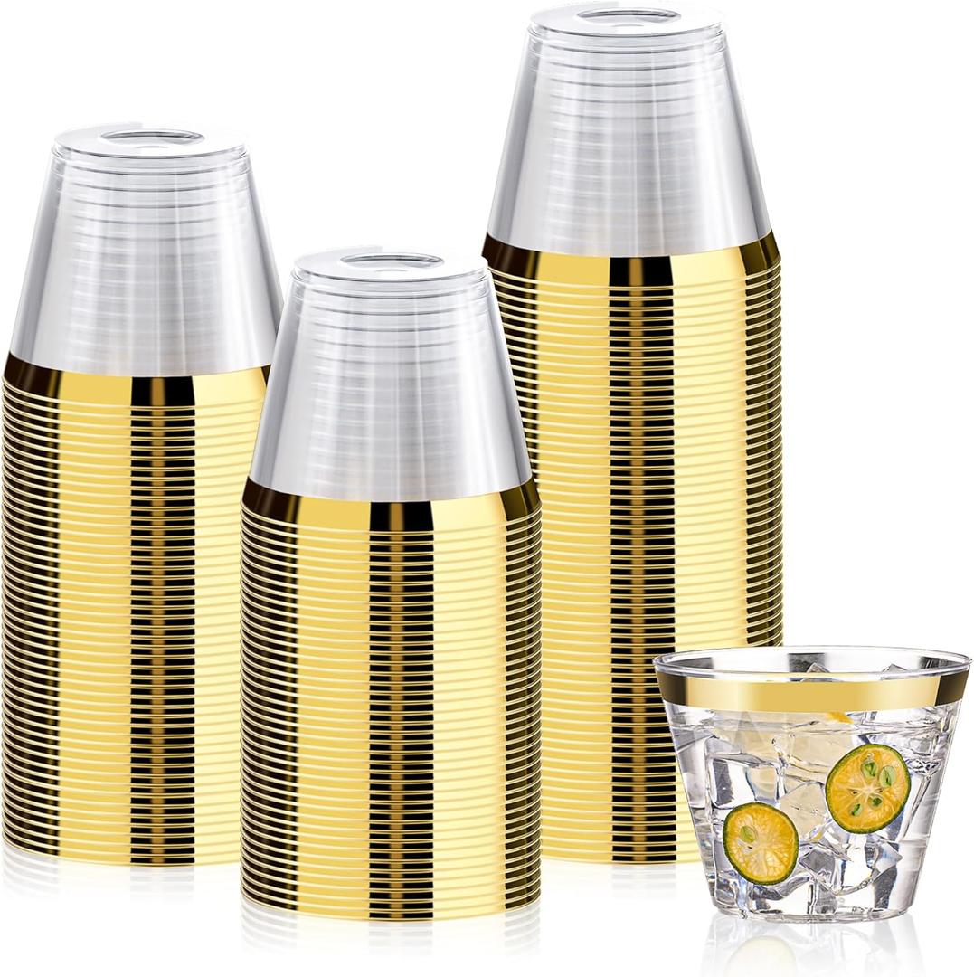 100 Pack 9 oz Gold Plastic Cups, Clear Disposable Cups with Gold Rim, Plastic Cocktail Glasses for Party & Graduation & Wedding