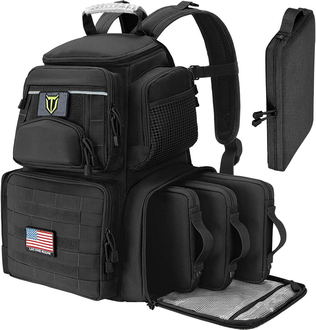 TIDEWE Tactical Range Backpack with Removable Divider, Handgun Backpack with 4 Pistol Case, Range Bag with Hard Glasses Case (Black)