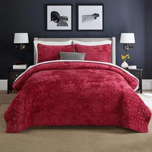 Velvet Bedspread Quilt Bedding Sets,Luxury Elegant Ultra Soft Velvet Comforters Coverlet Blankets,Weave Stitching Pattern Quilted Bedspread for All Seasons,Red,Queen Size (Queen (90 by98inch), Burgundy)