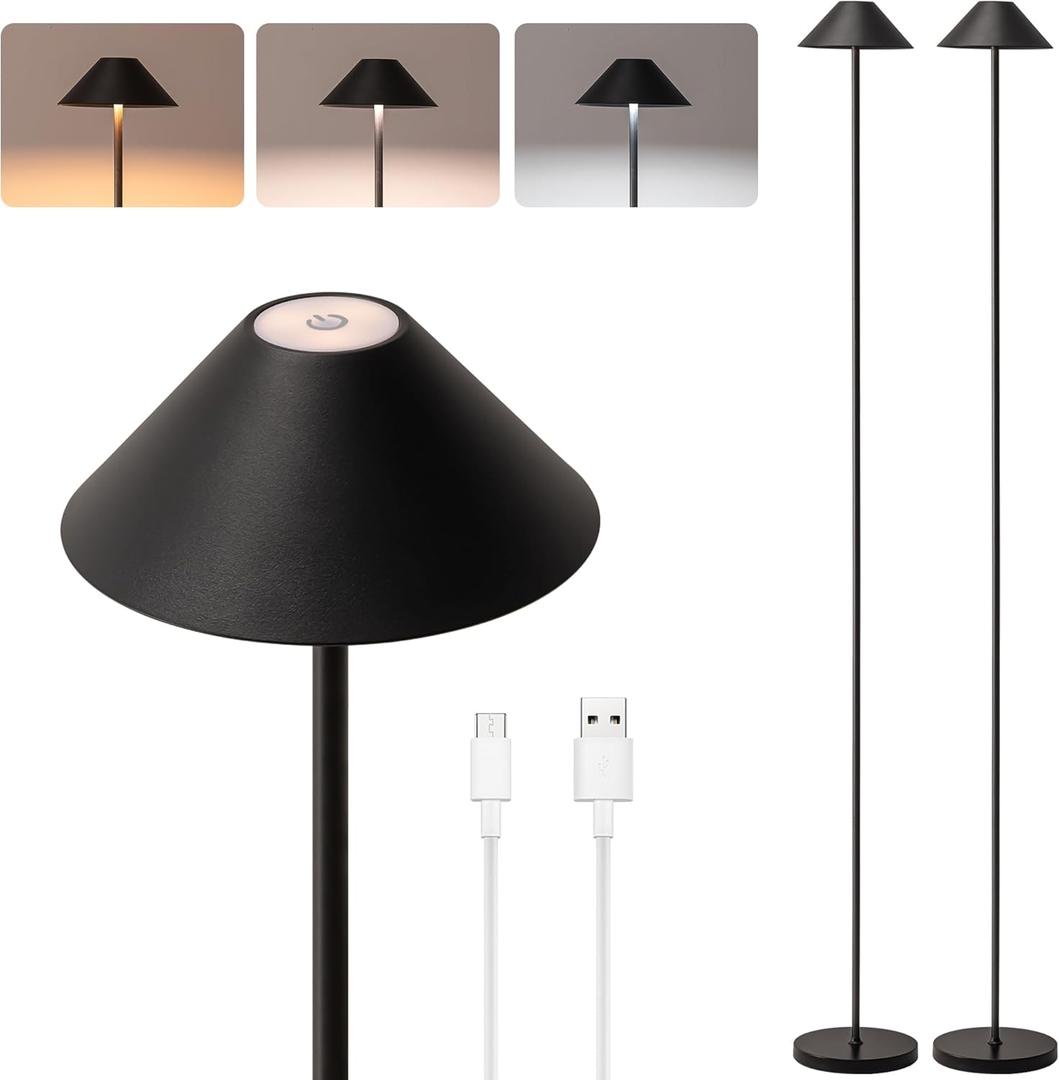 Rechargeable Floor Lamp for Indoor/Outdoor, Cordless Tall Standing Lamp with 3 Color Temps & Dimmable, IP43 Waterproof, Adjustable Height 16-59 Inch, LED Floor Lamp for Living Room, Patio(2 Pack) (Black)