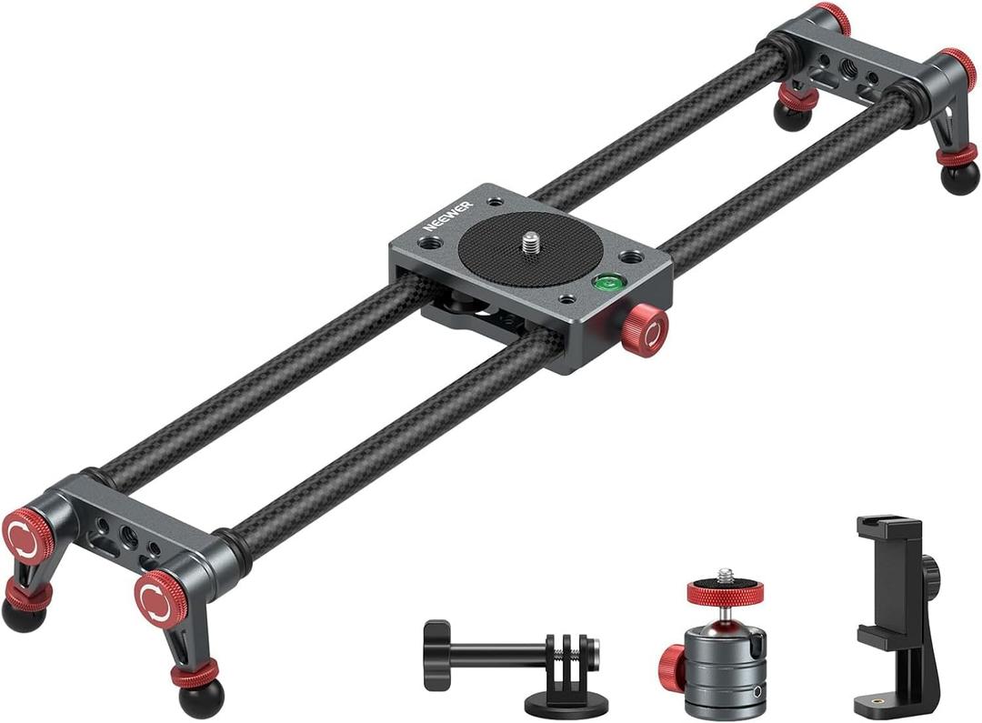 NEEWER 16in/40cm Carbon Fiber Camera Slider with 360 Ball Head/Phone Clamp/Action Camera Mount, Dolly Rail Track with 4 Bearings & Adjustable Legs, Compatible with GoPro Insta360 iPhone Android, CS1M