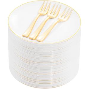 Festiva 200Pcs Gold Dessert Plates 6.3" with Forks 5"- Small Disposable Dessert/Cake/Appetizer Plates Plates- serve 100 guests include 100Plates 100Forks for Wedding Party&Easter&Birthday