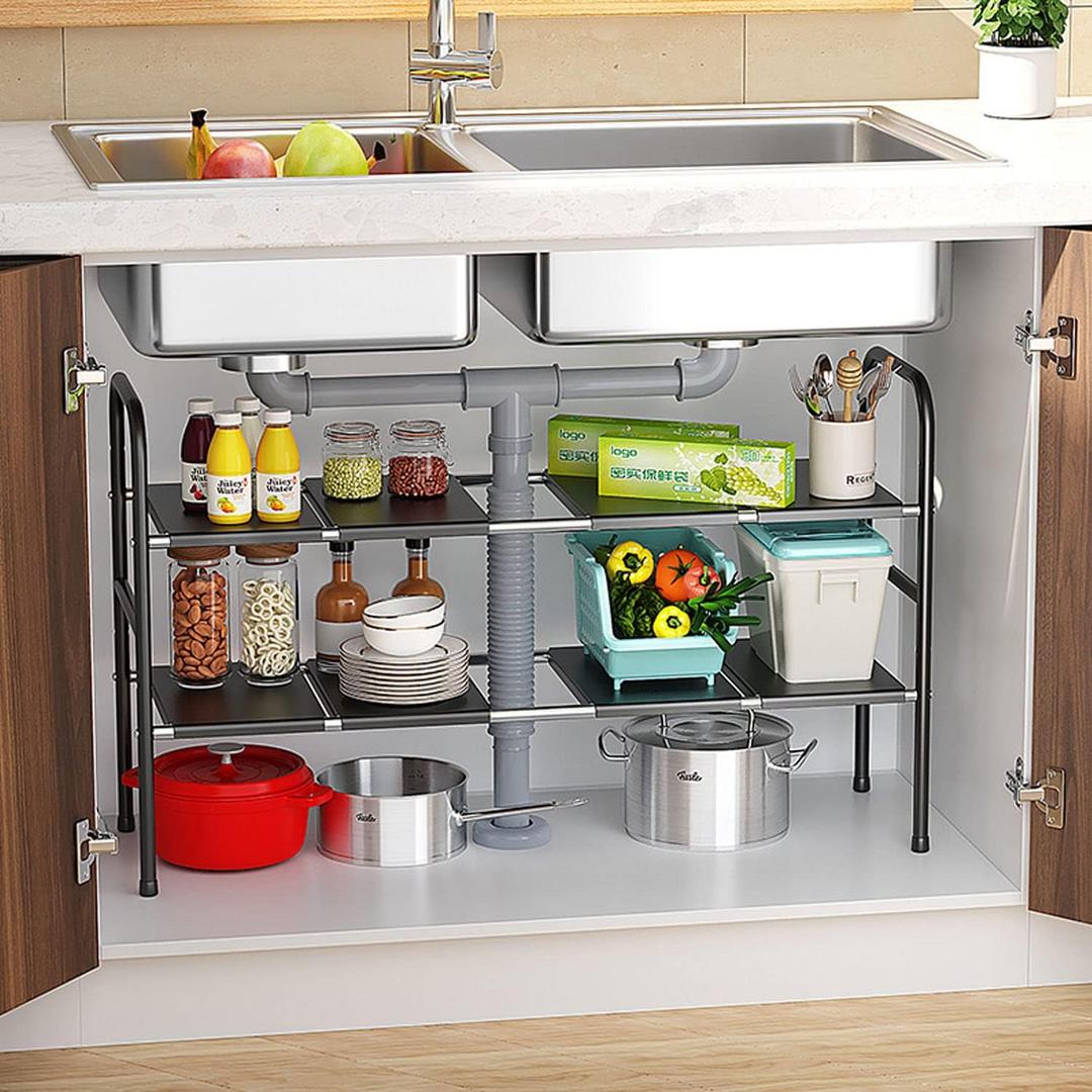 Under Sink Storage Organizer, Expandable 2 Tier Adjustable Under Sink Shelf Kitchen Storage Shelf Multifunctional Kitchen Bathroom Storage Shelf with 8 Removable Panels