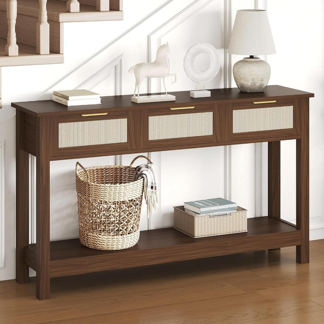 Luoxiao Console Table for Entryway with 3 Rattan Drawers Boho Entry Table with Storage Open Shelf, Narrow Long Sofa Tables for Living Room, Hallway, Foyer, Couch, Front Door, Walnut, 47 Inch