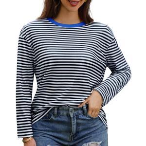 Gardenwed Long Sleeve Shirts for Women Striped Crewneck Loose Fit Basic Tops 2025 Fall T-Shirt (Blue, M)