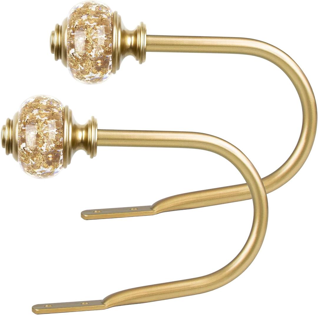 2 Pack Gold Curtain Holdbacks, USFOOK Decorative Drapery Tiebacks (2 Pack/1 Pair), Curtain Tie Back Hooks for Wall with Translucent Finials (6.1" L x 4.1" W)