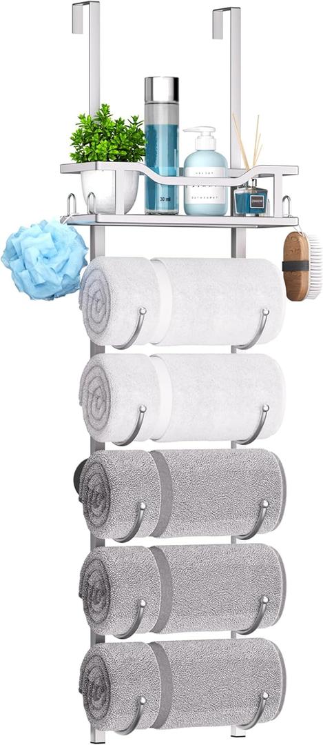 SWTYMIKI Over The Door Towel Rack - 6 Tier Towel Racks for Bathroom Wall Mounted, Towel Holder with Shelf, Hanging Rolled Towel Storage Organizer for Small Bathroom, Camper, RV, Sliver (Silver)