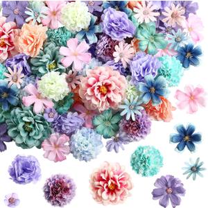 Cindeer 200 Pcs Fake Flower Heads for Crafts Mini Silk Flower Heads Faux Rose Artificial Daisy Blossom Heads Decorative Flowers for Home Bride Bridesmaid Wedding Centerpieces, 2-7 cm(Blue, Purple)