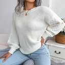 ZAFUL Women's Solid Knit Cable Sweater Casual Long Lantern Sleeve Pullover Crew Neck Knitted Tops (Medium, 3-white)