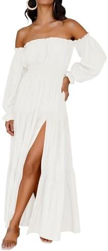 ZESICA Women's 2026 Boho Sexy Off Shoulder Long Sleeve Smocked High Waist Side Split Flowy A Line Tiered Long Maxi Dress L