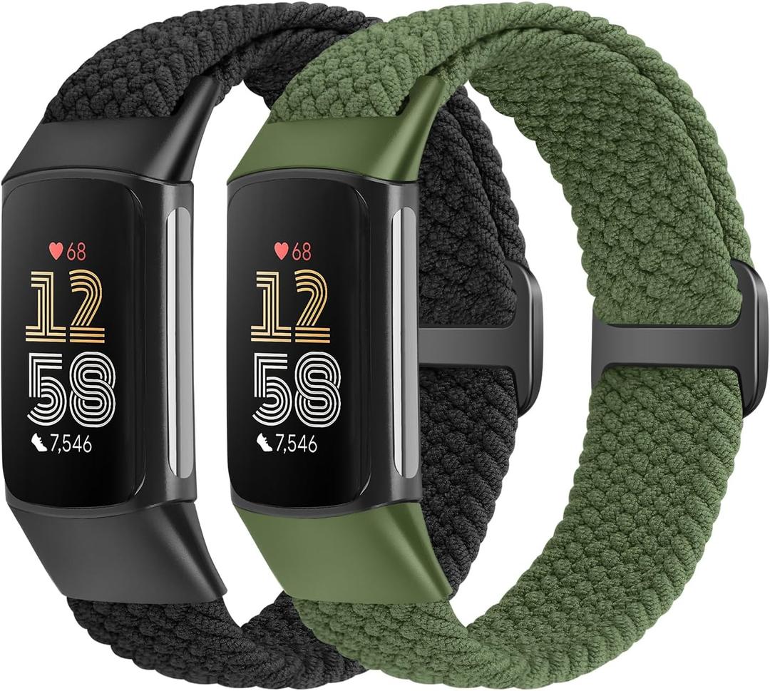 Elastic Braided Bands Compatible with Fitbit Charge 5/Fitbit Charge 6 for Women Men, Breathable Adjustable Stretchy Nylon Loop Sport Replacement Wristbands for Fitbit Charge 6 Charge 5 Straps (Black+Olive)