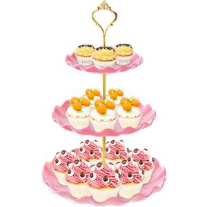 3 Tier Cupcake Stand Holder, BACUTHY Plastic Cup Cake Stand Tower with Tiered Serving Tray for Cupcakes, Donuts, Fruits and More, Pink