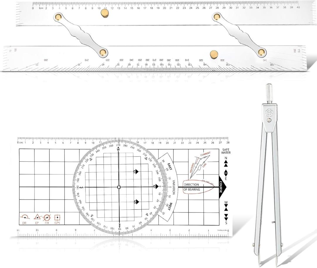 3 Pcs Basic Navigation Set, Include 16 Inch Marine Parallel Ruler with Clear Scales Navigation Divider Marine Nautical Protractor 6 Inch Marine Fixed Points Divider for Boat
