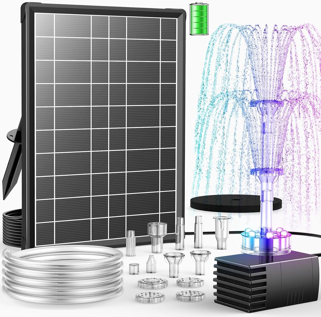 Antfraer 8W Solar Fountain Pump Built-in 3600mAh Battery & LED Lights, Solar Powered Water Pump with Double-Layer Nozzle & 5ft Tubing, Solar Water Fountain For Bird Bath Pond Garden DIY Water Features