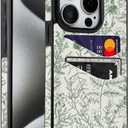 for iPhone 15 Pro 6.1 inch Case with Card Holder Soft Leather Wallet Case Protective Shockproof Hard Cover for Women Man (Green Floral Flowers, iPhone 15 Pro 6.1 inch)