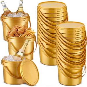 Funnymoom 20 Pack 48 oz Gold Buckets with Lid Plastic Ice Cream Buckets with Lid and Handle Ice Cream Tub Food Storage Containers Round Plastic Pails Freezer and Microwave Safe for Food