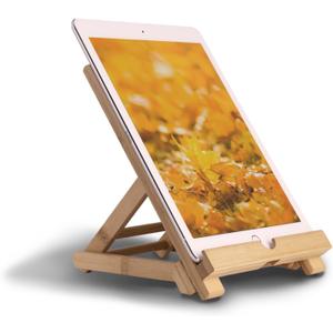Bamboo Tablet Stand Holder - Adjustable Folding Wood iPad Stand With Chargeable Hole for Desk and Cooking (Tablet A)