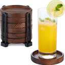 6Pcs Wooden Coasters for Drink-Acacia Wood Drink Coasters Set with Holder for Coffee Table Decor,Modern Cup Coaster for Kitchen Accessories Cute Beer Bar Decorative Rustic Outdoor Coasters (6 Pieces - 4.3 x 4.3 inches)