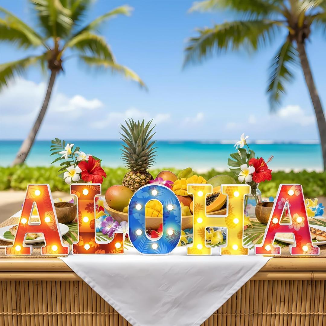 Hawaiian Luau Party Decorations Aloha Light up Sign Summer Aloha LED Marquee Letter for Party Decorations Hibiscus Tropical Alphabet Letter Summer LED Lights for Wedding Night Birthday