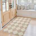 Beeiva Checkered Print 3x5 Washable Area Rug for Bedroom, Non Slip Ultra Thin Beige Entryway Rug Non Shedding Kitchen Rug 3x5, Modern Checkerboard Carpet Plaid Decor for Bathroom Office Nursery