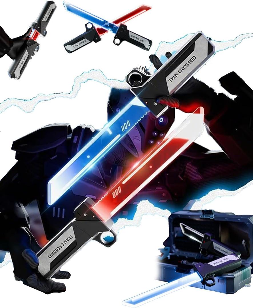 Retractable Plug-In Lightsaber Toy,Dual-Color LED Light Saber,2-in-1 Reversible Fingertip Spin Hilt Sword,Connectable Double-Blade Glory,Metallic Swung Play Cosplay Prop,Party Cool Lighting(1set)