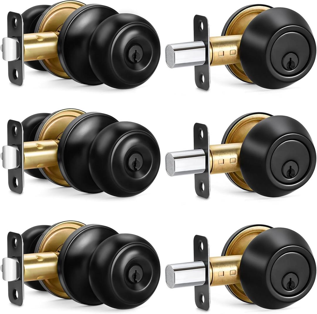 3 Sets Entry Door Knob and Single Cylinder Deadbolt Combo Set, Keyed Alike