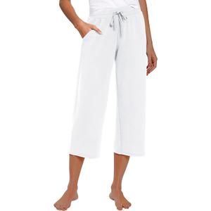 Womens Capri Pants Loose Yoga Pants Wide Leg Drawstring Lounge Pajama Capris Sweatpants with Pockets (White, 3XL)