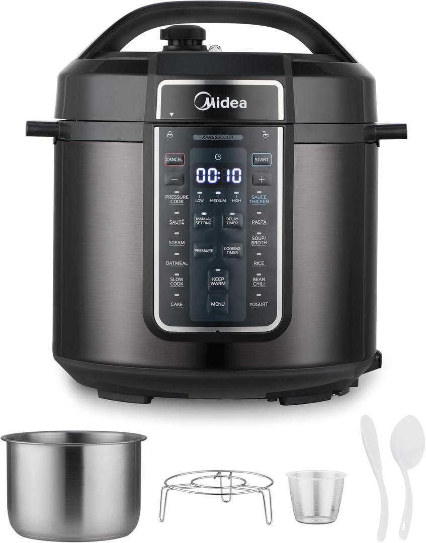 Midea 12-in-1 Electric Pressure Cooker, 6 Quarts, 12 Presets, Multi-Functional Programmable Slow Cooker, Rice Cooker, Steamer, Saut Pan, Yogurt Maker, and More, Stainless Steel (Black) Midea 12-in-1 Electric Pressure Cooker, 6 Quarts, 12 Presets, Multi-Functional Programmable Slow Cooker, Rice Cooker, Steamer, Saut Pan, Yogurt Maker, and More, Stainless Steel (Black)