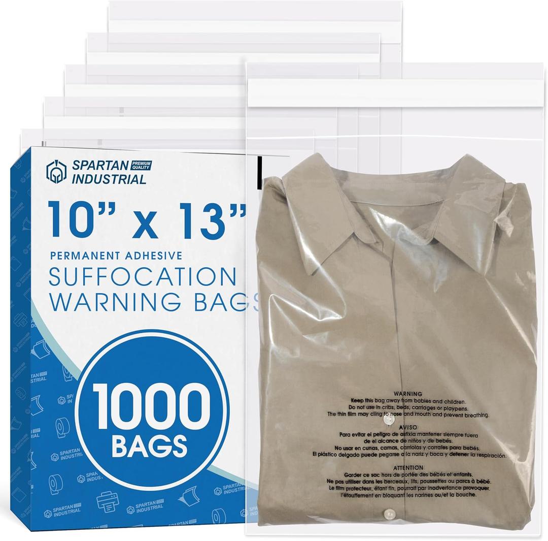 Spartan Industrial - 10" X 13" (1000 Count) Self Seal Clear Poly Bags with Suffocation Warning for Packaging, T Shirts & Shipping - Permanent Adhesive