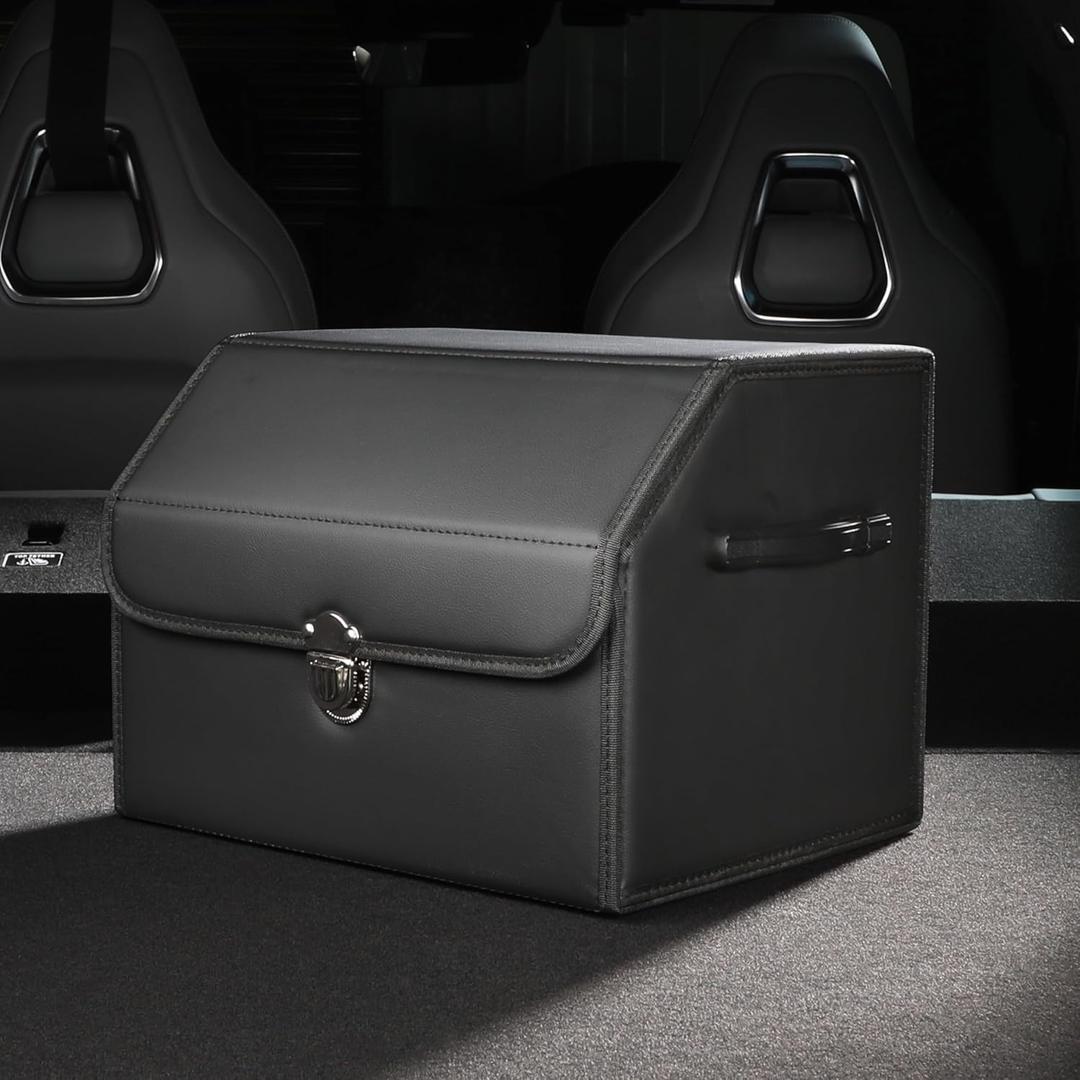 POKSRI Trunk Organizer, car organizers and storage,black Leather Storage Box with lid,Fiberboard,Collapsible,15''L x 13''W x 12.4''H,2K inches(size A)