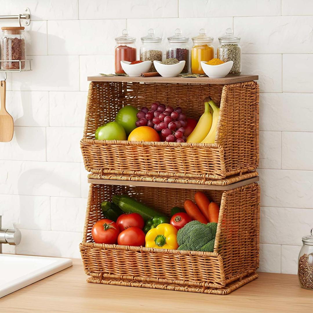 2 Tier Fruit Basket for Kitchen Counter Stackable Wall Mounted Hanging Basket Wicker Hanging Baskets with Wood Lid for Onion Fruit Vegetable Storage
