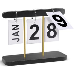Wood & Metal Perpetual Flip Calendar, Reusable Wooden Desk Calendar Standing Flip, Countdown Daily Desk Desktop Accessories for Office Home Classroom Display Decor (Black)