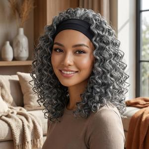 CINHOO Silver Grey Headbands Wigs For Black Women Curly Wavy Salt and Pepper Half Wigs With Headband Attached for Black Women Shoulder Length for Daily Use (16inch)