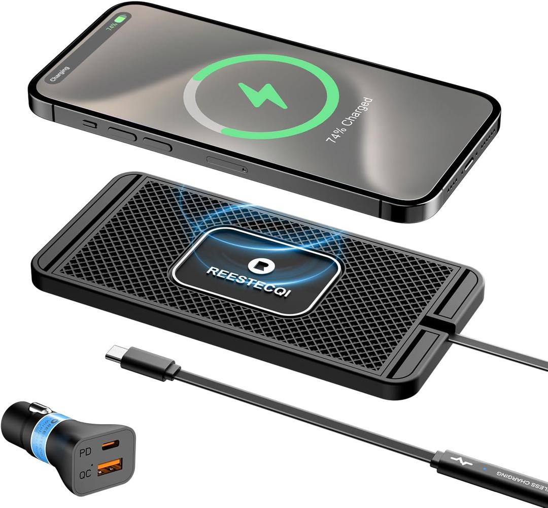 Wireless Charging Pad for Car, REESTECQI 15W Wireless Car Charger Pad Type C Charging Mat Non Slip [PD 40W Car Charger Incl] for Airpods iPhone 16/15/14/13/12, Samsung S24/S23/S22 (30CM Cable)