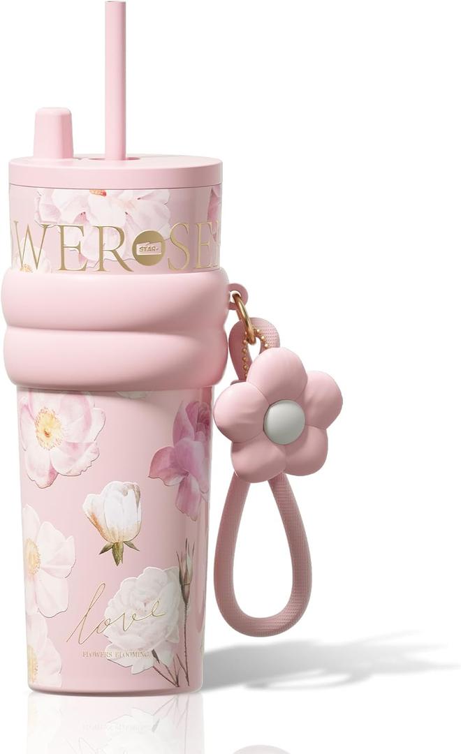 24 oz Stainless Steel Tumbler with Lid and Straw, Insulated Coffee Mug, Leak Proof, Portable Iced Travel Water Bottle, Reusable Thermal Coffee Cup, Floral Pink