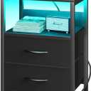 Yoobure Nightstand with Charging Station, LED Night Stand with Fabric Drawers and Storage Shelf for Bedroom, Nightstands Bedside Tables with USB Ports & Outlets, Small Night Stands, Bed Side Table (Black)