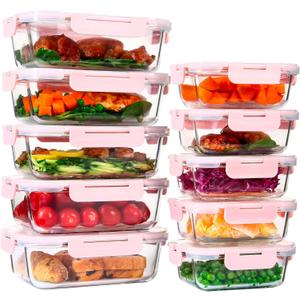 UMEIED 10 PACK Glass Food Storage Containers with Leak Proof Lids, Glass Airtight Meal Prep Containers Set for Lunch, On the Go, Leftover, Kitchen Pantry Organizers and Storage (Pink)