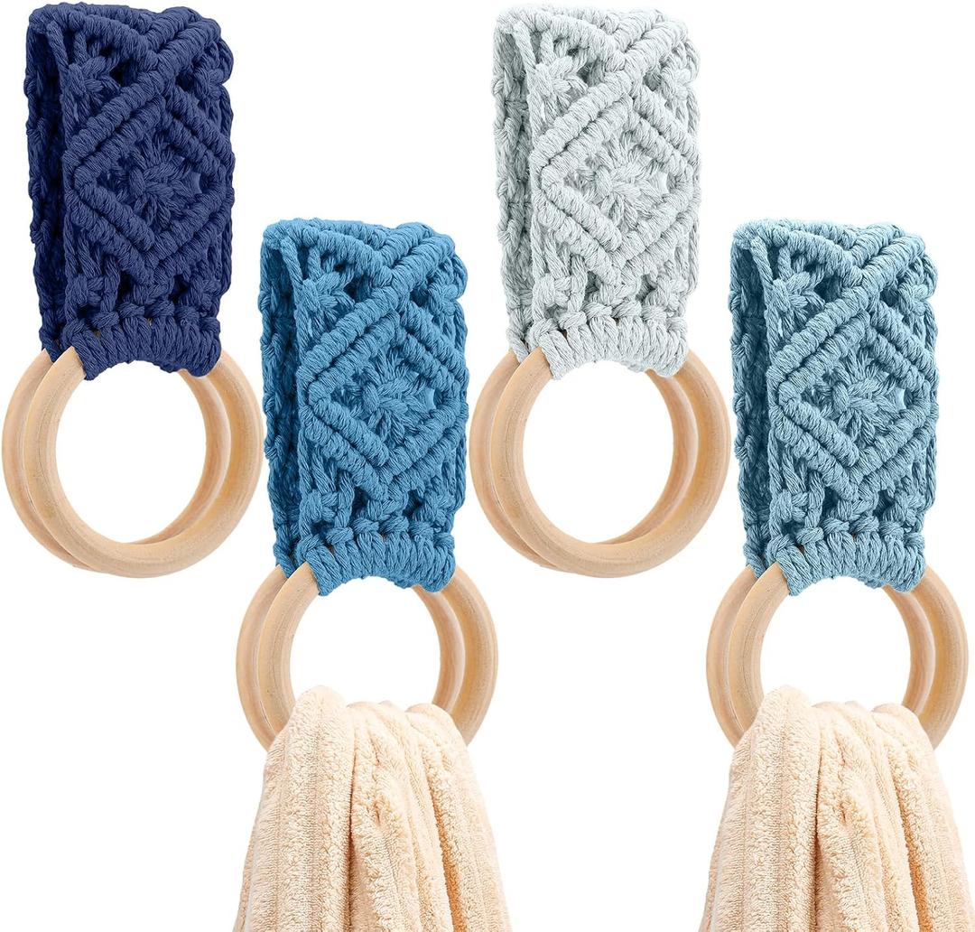 Tioncy 4 Pcs Kitchen Dish Towel Holder Gifts for Mother Boho Handmade Crochet Hanging Towels Loop Ring Knit Towel Hanger for Cabinet House Oven Stove Door, 4 Colors(Blue)