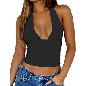 Matunana Womens Halter Tops Going Out Tank Summer Sexy V Neck Crop Top Y2K Sleeveless Tube Shirts Fashion Trendy 2025, Black, L
