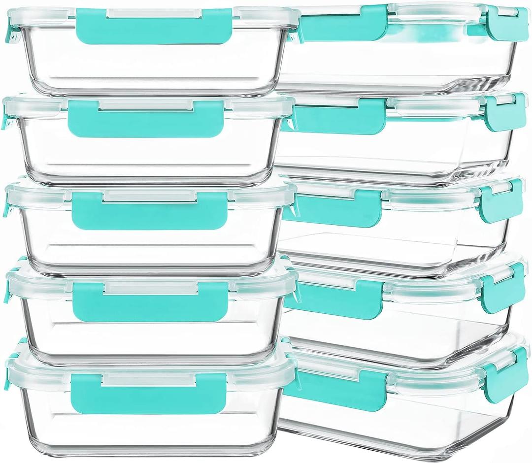 KOMUEE 10 Packs 30 oz Glass Meal Prep Containers,Glass Food Storage Containers with Lids,Airtight Lunch Bento Boxes, Microwave, Oven, Freezer and Dishwasher, Green