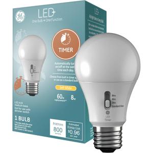 GE LED+ Timer A19 LED Light Bulbs, Built-in Automatic Indoor Timer Light, 8W, Soft White (1 Pack)