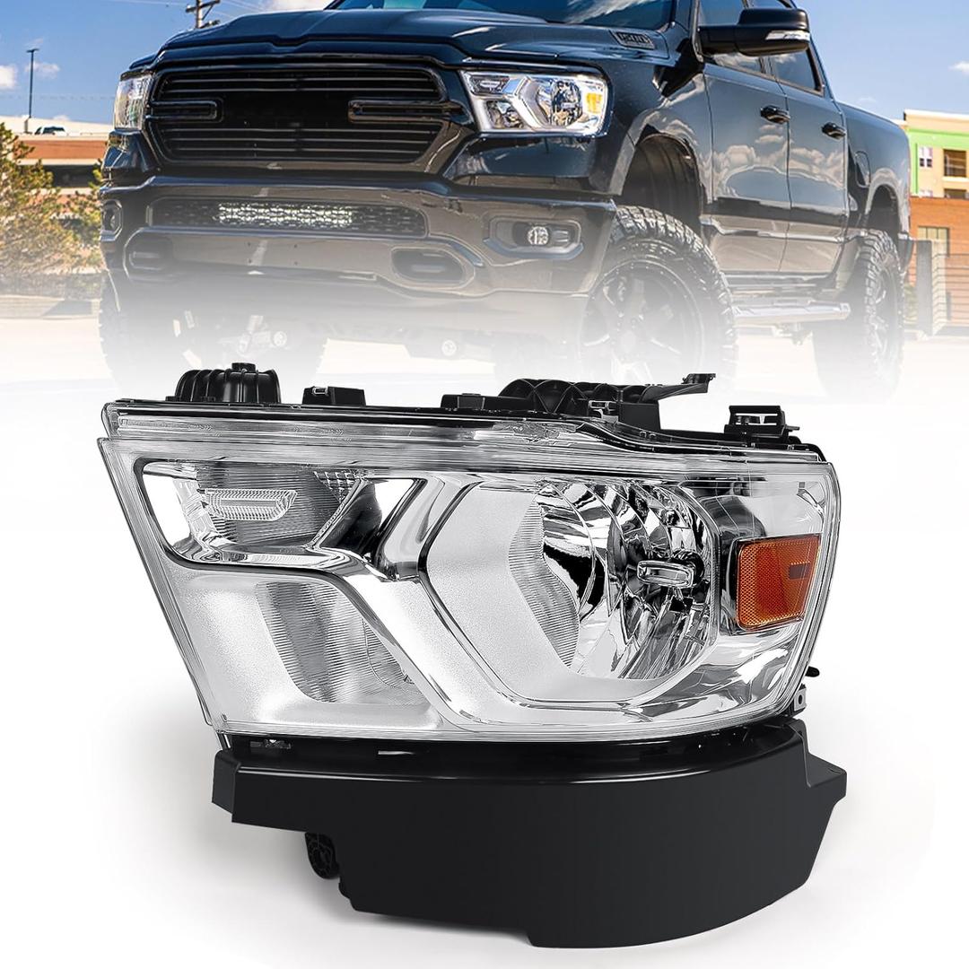FIONE Halogen Headlights Assembly Compatible with Dodge Ram 1500 2019-2022 Replacement Headlamp with Chrome Frame Driver Left Side LH 68316081AD 68316081AH