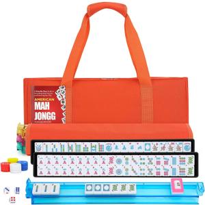 American Mahjong Tile Set,166 Orange Tiles Mahjong Set,4 Colors Mahjong Racks,Travel Mahjong Set with Orange Carrying Bag, 1.2" x 0.9" x 0.5"