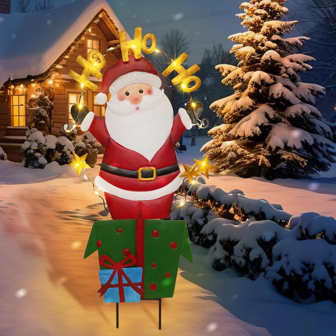 Solar Christmas Lights Outdoor Garden Stakes, 28in Metal Santa Claus Yard Signs with LED String Lights, Waterproof Christmas Decor for Xmas Lawn Pathway Patio Party Winter