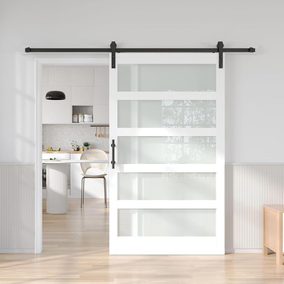 Fredbeck 48in x 84in White Glass Barn Door with 8FT 96inch Sliding Doors Hardware Kit Included & Handle,PVC Surface,Need to Assembly,Water-Proof